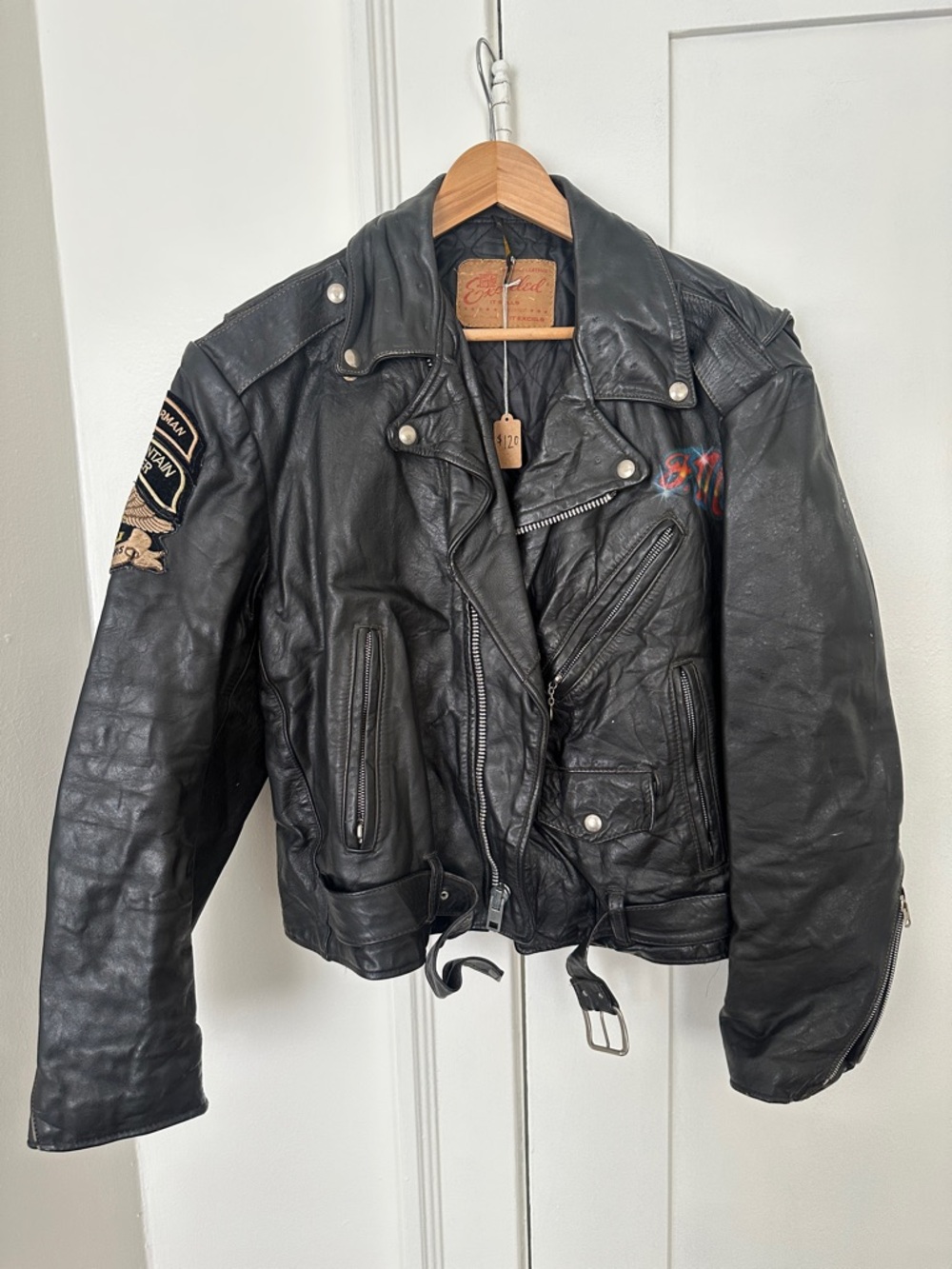 Vintage Black Excelled Leather Biker Jacket - with patches and artwork on back